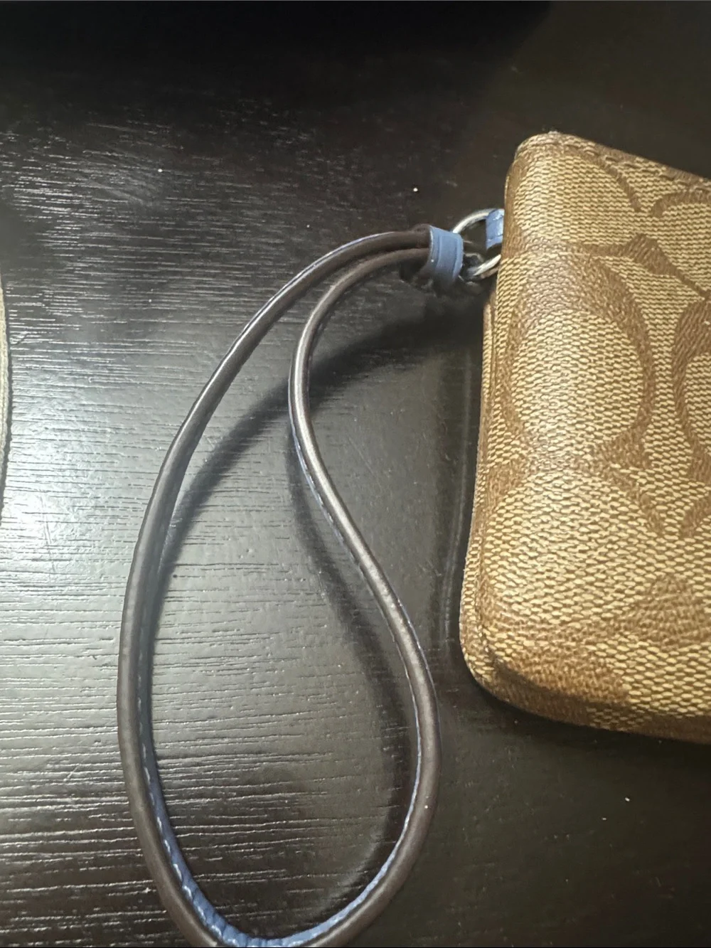 Coach Signature Canvas Wristlet in Brown with Blue Trim
